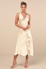 Evette Pale Yellow Satin Cowl Ruffled Handkerchief Midi Dress