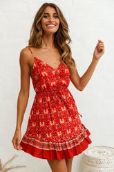 Brigitta Placket Bust Drawstring Waist Dress Paisley Print Red