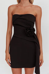 Sasha Cascade Ruffle Rosette Mini Dress Black