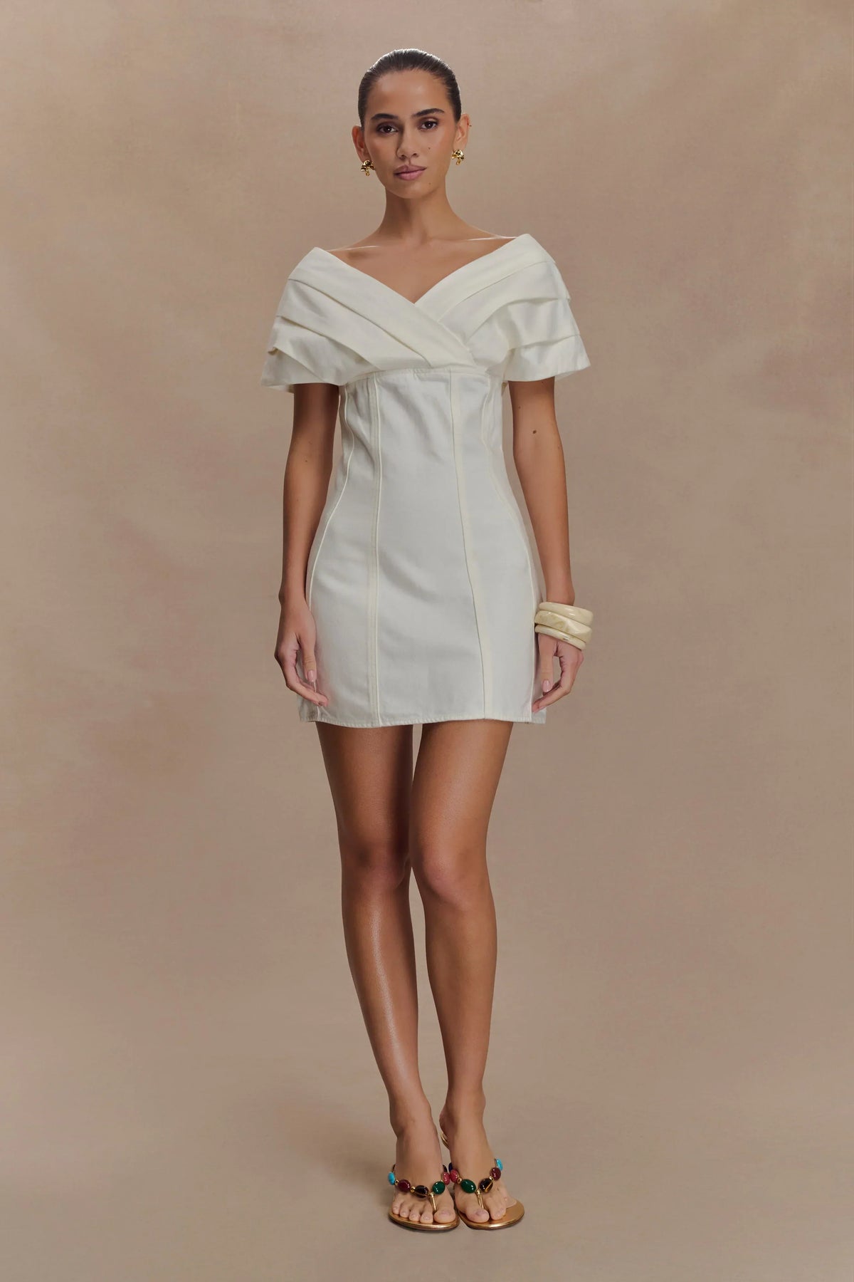 Pascale Off Shoulder Denim Mini Dress - White