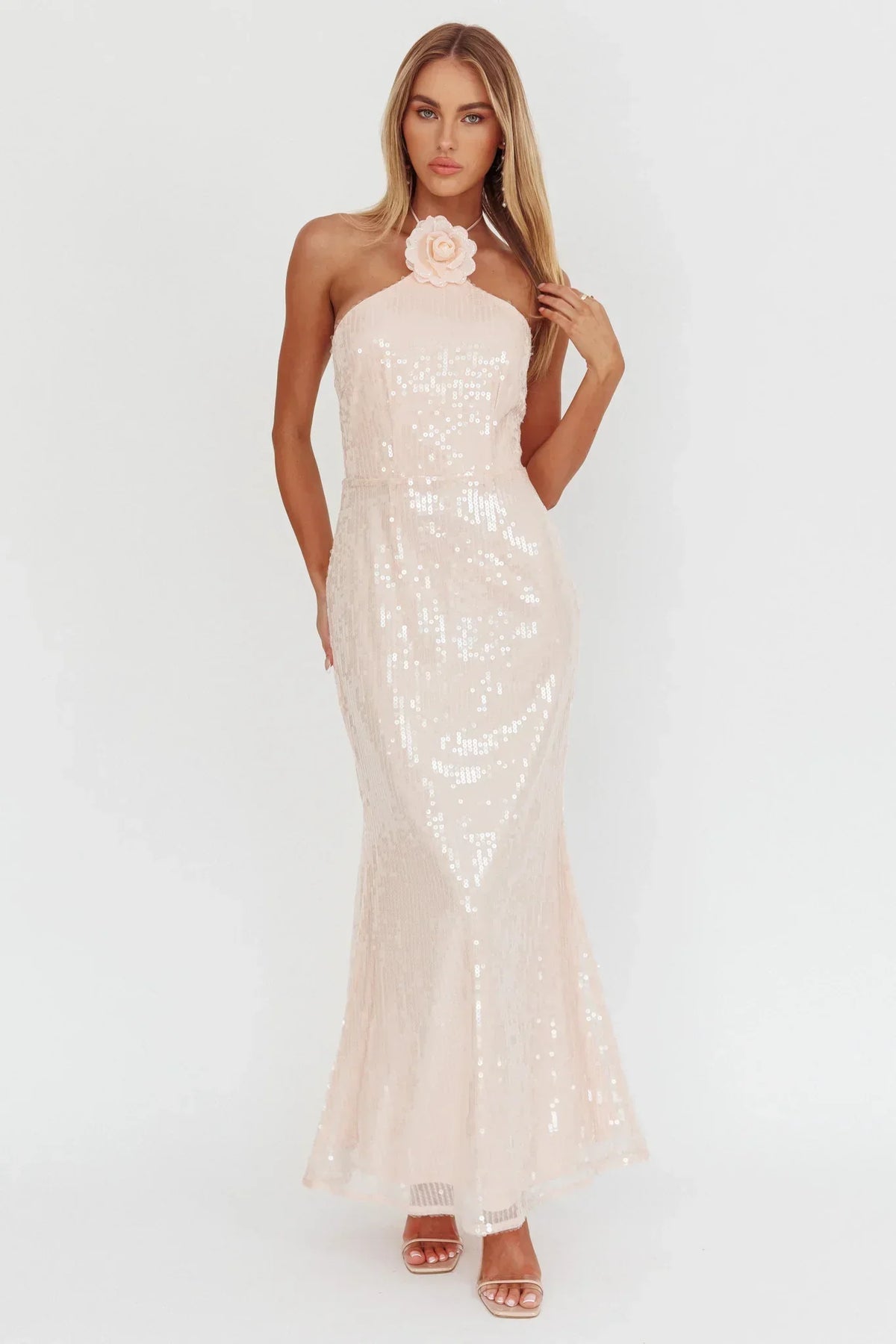 High Roller Flower Decoration Halter Dress Sequin Pink